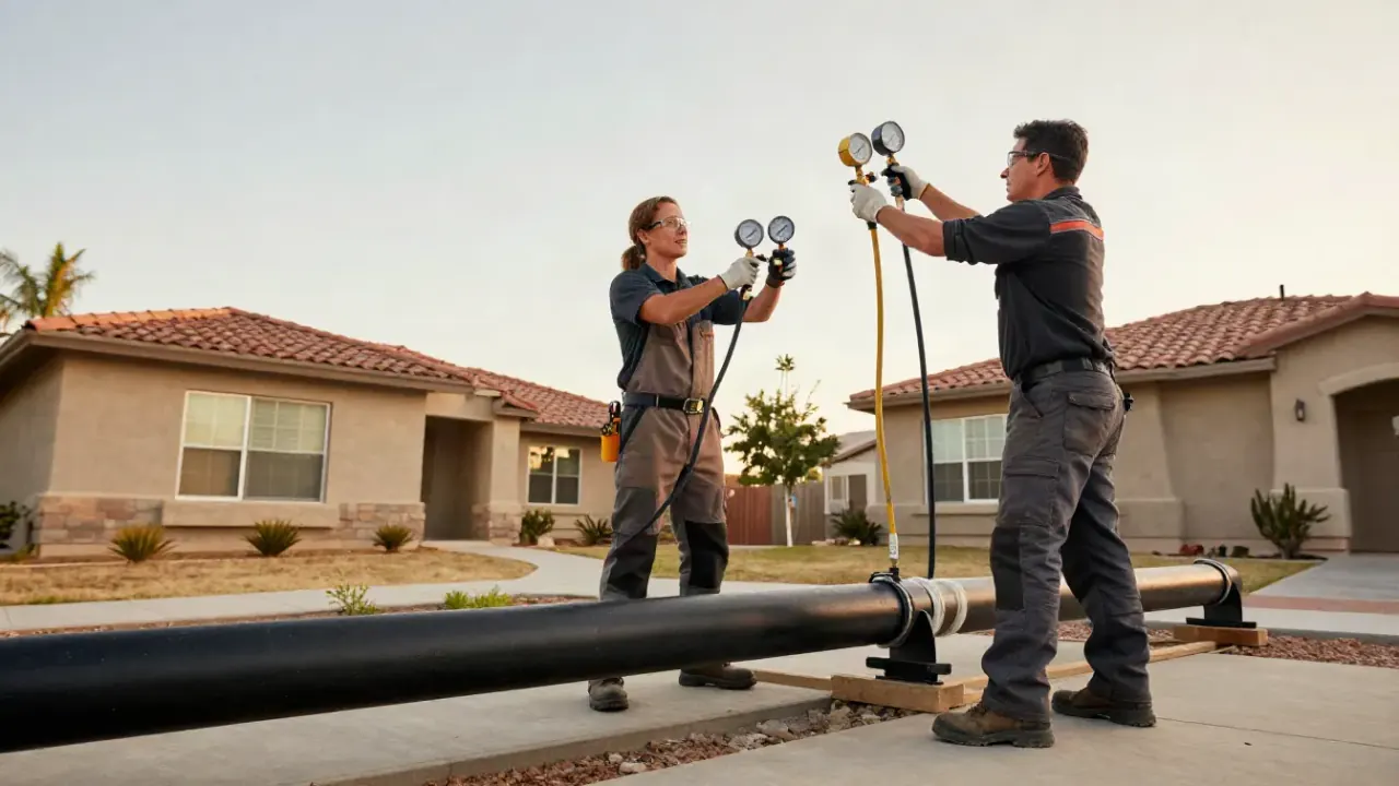 Gas Line Repair in Fountain Valley, California: Two licensed gas fitters collaboratively lifting a long section of black