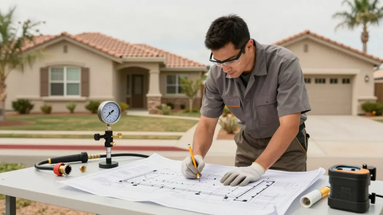 Gas Line Permit and Inspection Coordination in Fountain Valley, California: licensed gas fitter reviewing blueprints spread