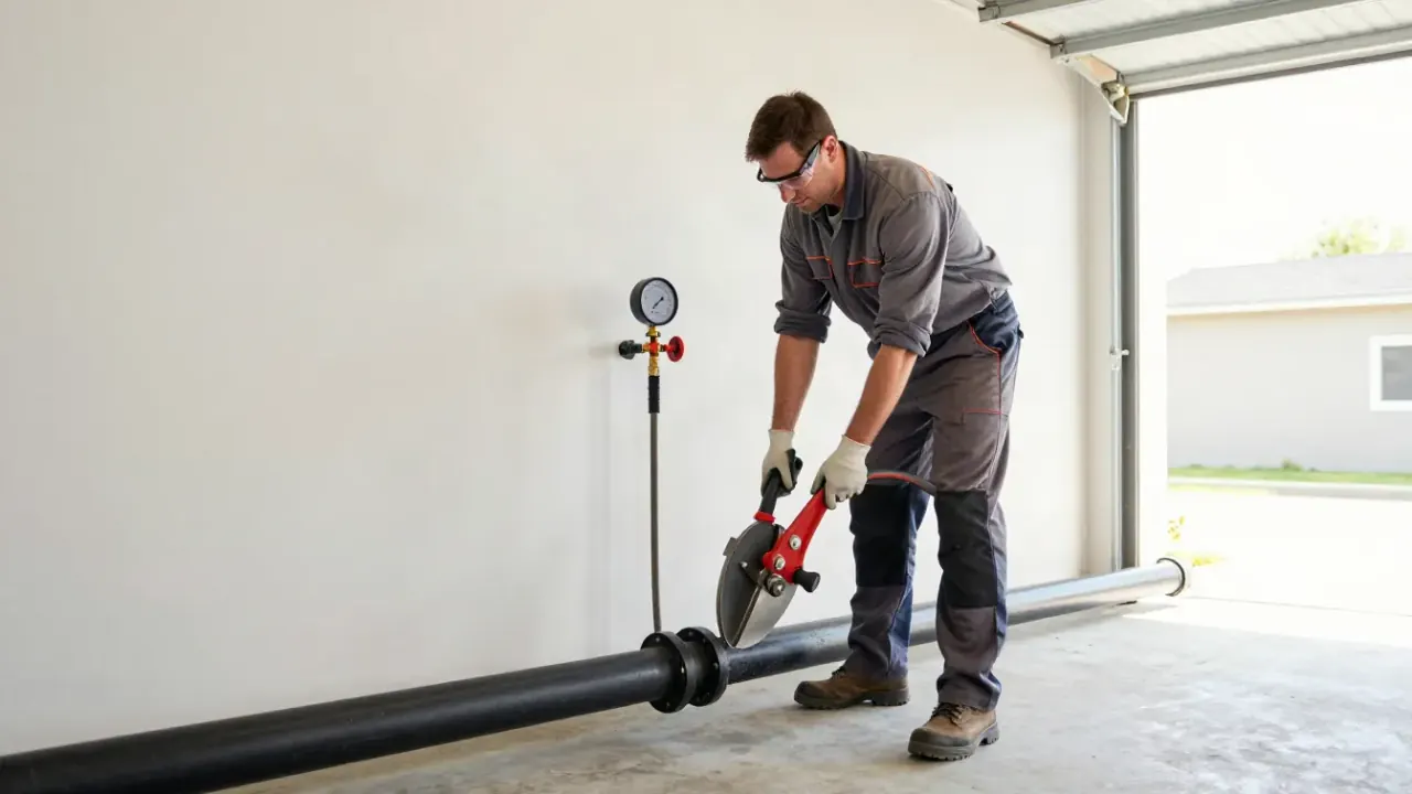 Gas Line Repair in Fountain Valley, California: licensed gas fitter safely operating a large pipe cutter to sever a black