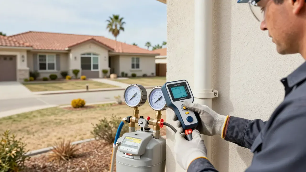 Gas Line Repair in Fountain Valley, California: close-up of an electronic gas leak detector's illuminated display showing a