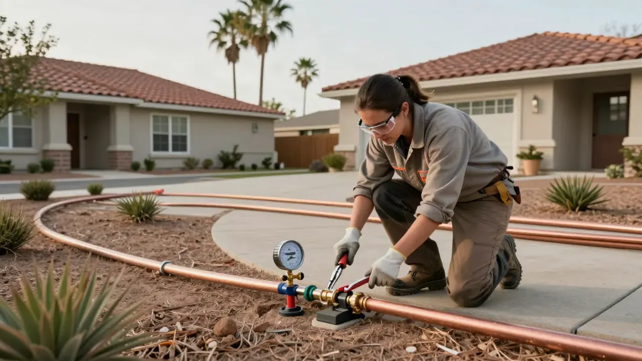 Gas Line for Fire Pits and Pool Heaters in Fountain Valley, California: licensed gas fitter carefully bending a section of